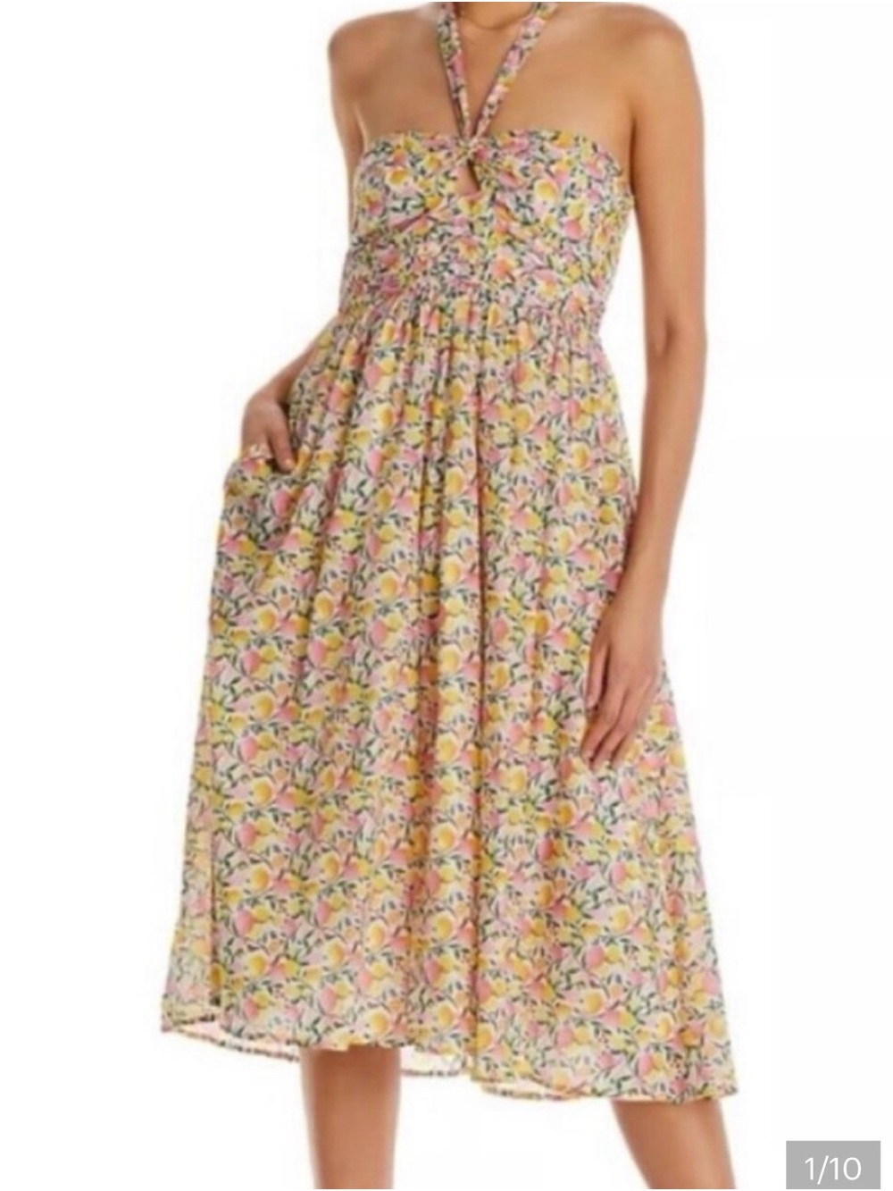 Aqua Lemon Pink & Yellow Floral Halter Midi Dress- Cotton NWT $98 NEW Summer